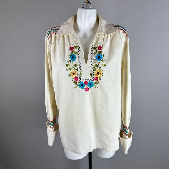 Vtg 60s 70s Embroidered Hungarian Floral Colorful V-Neck Cotton Blouse Womens 79 - Picture 1 of 8